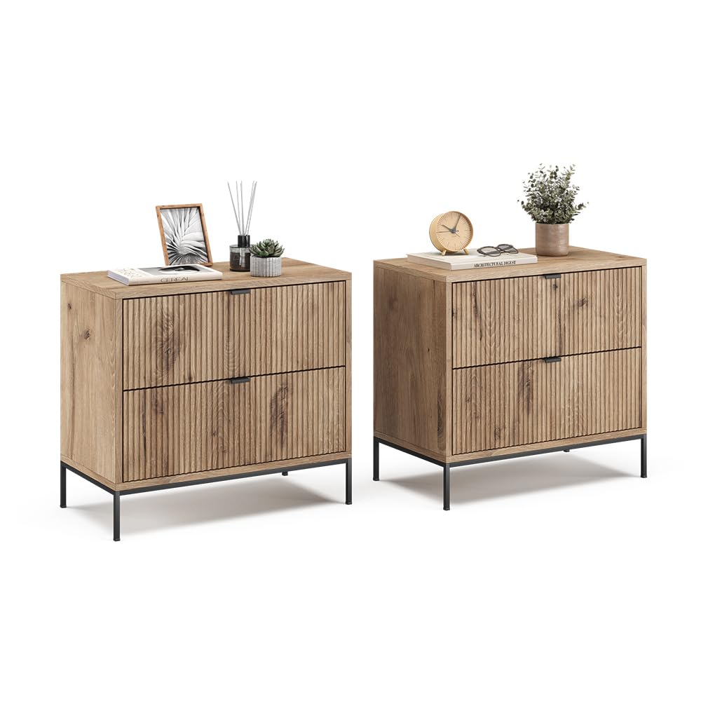 Juego de 2 Mesitas de Noche con Cajones, Color Roble Vikingo, Diseño Moderno – Vicco Eliza
