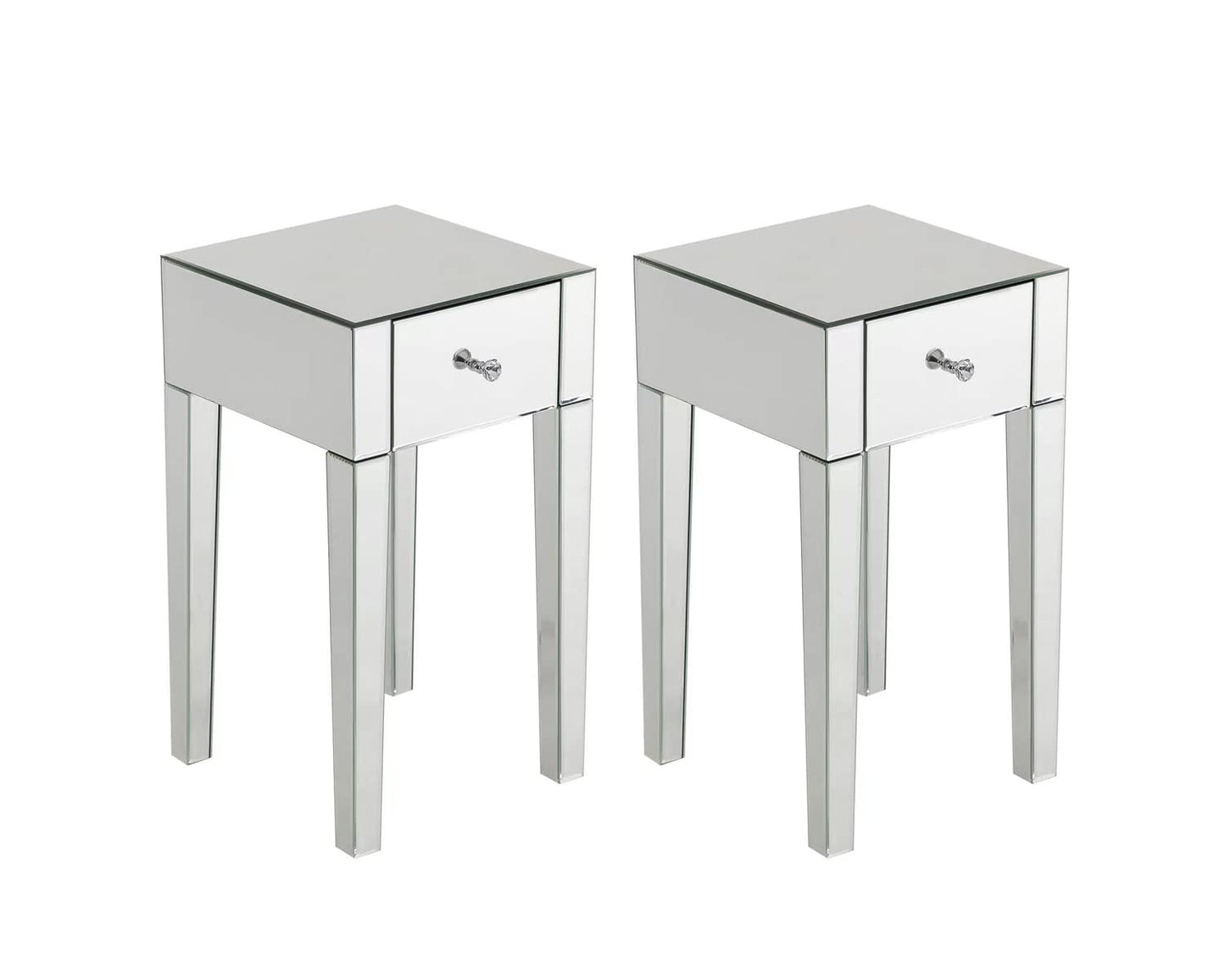 Mesilla de Noche con Espejo de Cristal – 1 Cajón – Set de 2 – 40x40x65 cm – Diseño Elegante para Dormitorio o Salón