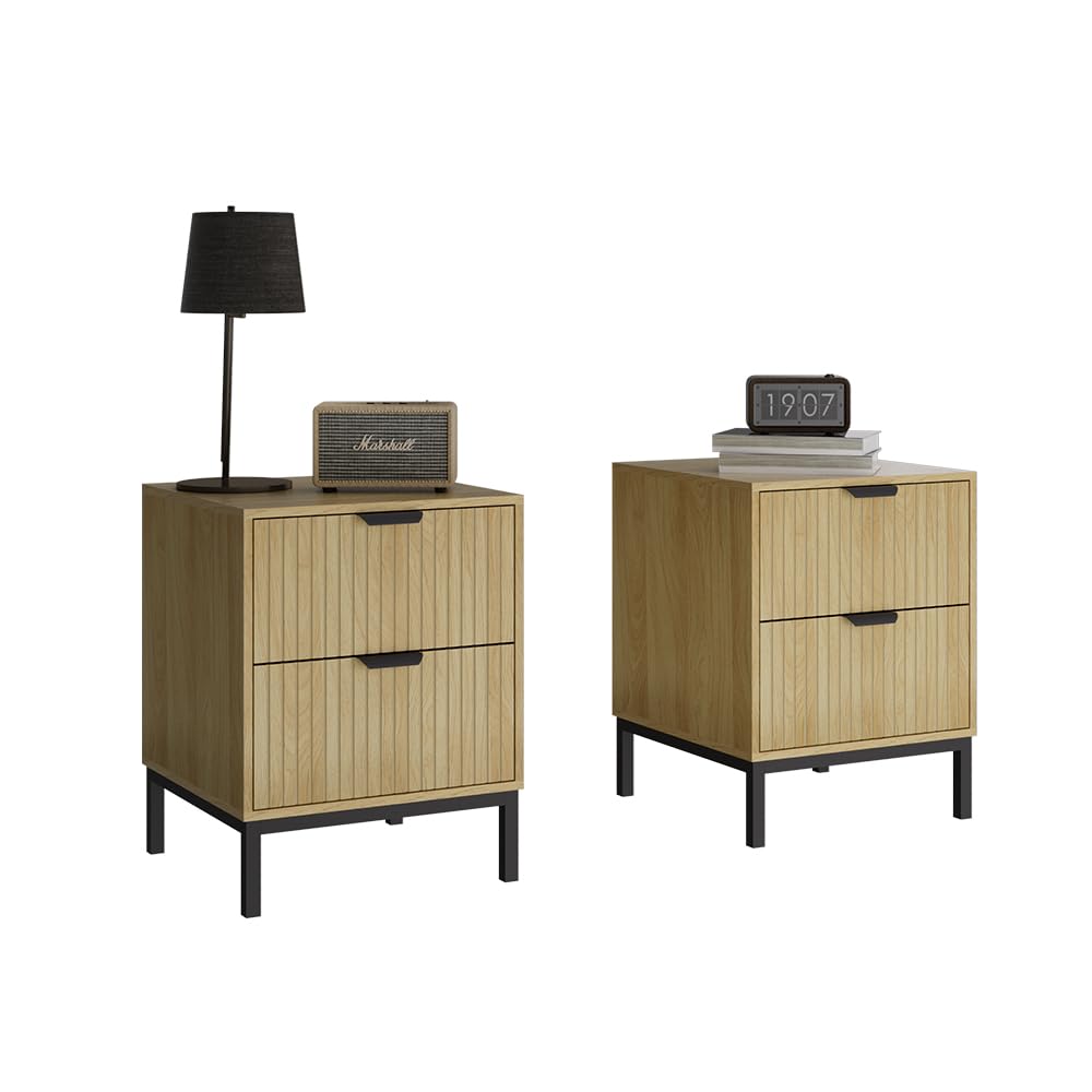 Juego de 2 Mesitas de Noche Vicco Lennox – 40x40x52 cm – Color Roble con Estructura Negra
