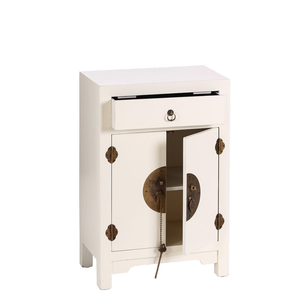 Mesilla de Noche Estilo Oriental con 1 Cajón y 2 Puertas – Madera MDF Lacada en Blanco – 45x26x69 cm – LOLAhome