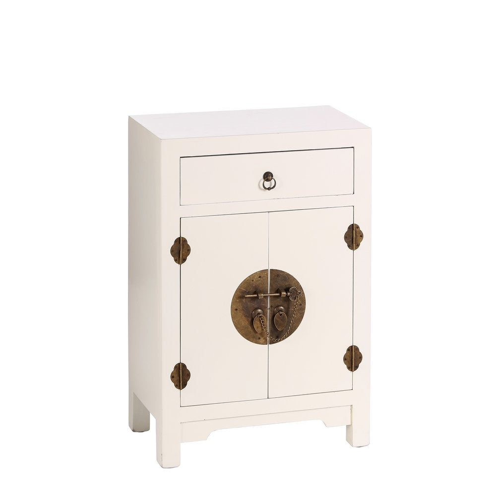 Mesilla de Noche Estilo Oriental con 1 Cajón y 2 Puertas – Madera MDF Lacada en Blanco – 45x26x69 cm – LOLAhome