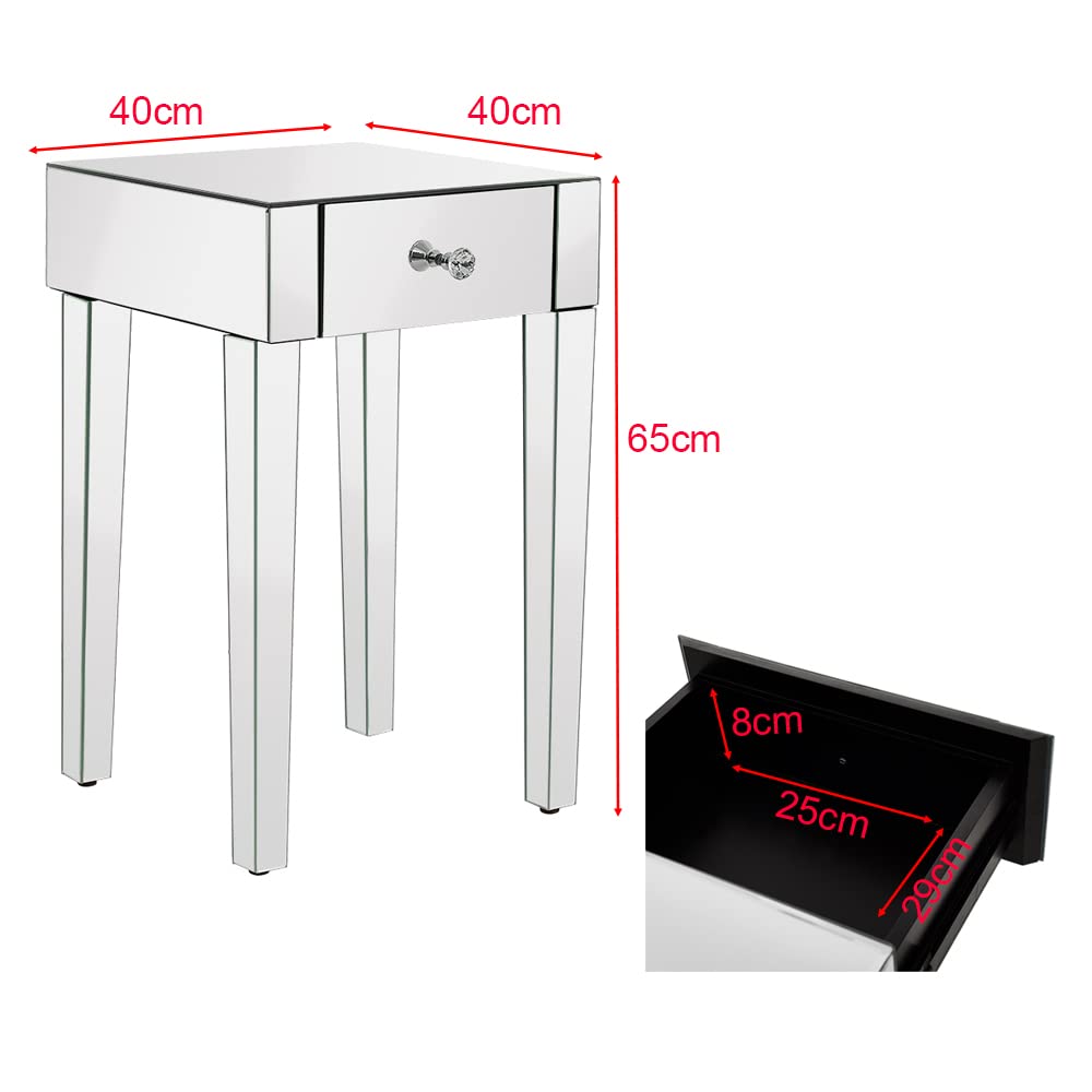 Mesilla de Noche con Espejo de Cristal – 1 Cajón – Set de 2 – 40x40x65 cm – Diseño Elegante para Dormitorio o Salón