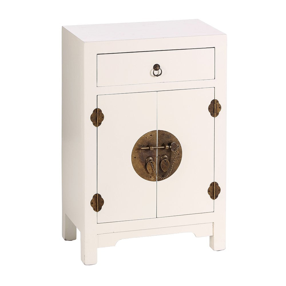 Mesilla de Noche Estilo Oriental con 1 Cajón y 2 Puertas – Madera MDF Lacada en Blanco – 45x26x69 cm – LOLAhome