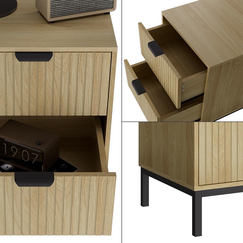 Juego de 2 Mesitas de Noche Vicco Lennox – 40x40x52 cm – Color Roble con Estructura Negra