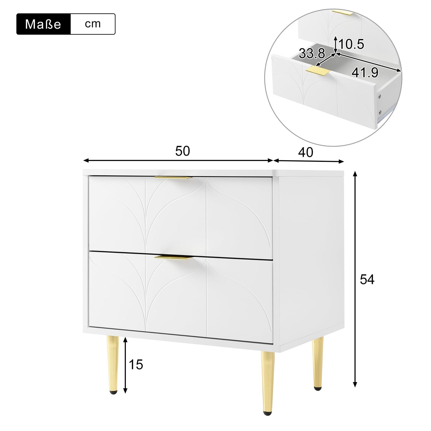 Juego de 2 Mesitas de Noche Modernas con 2 Cajones, Diseño Floral, Patas Doradas, Color Blanco – Goeria