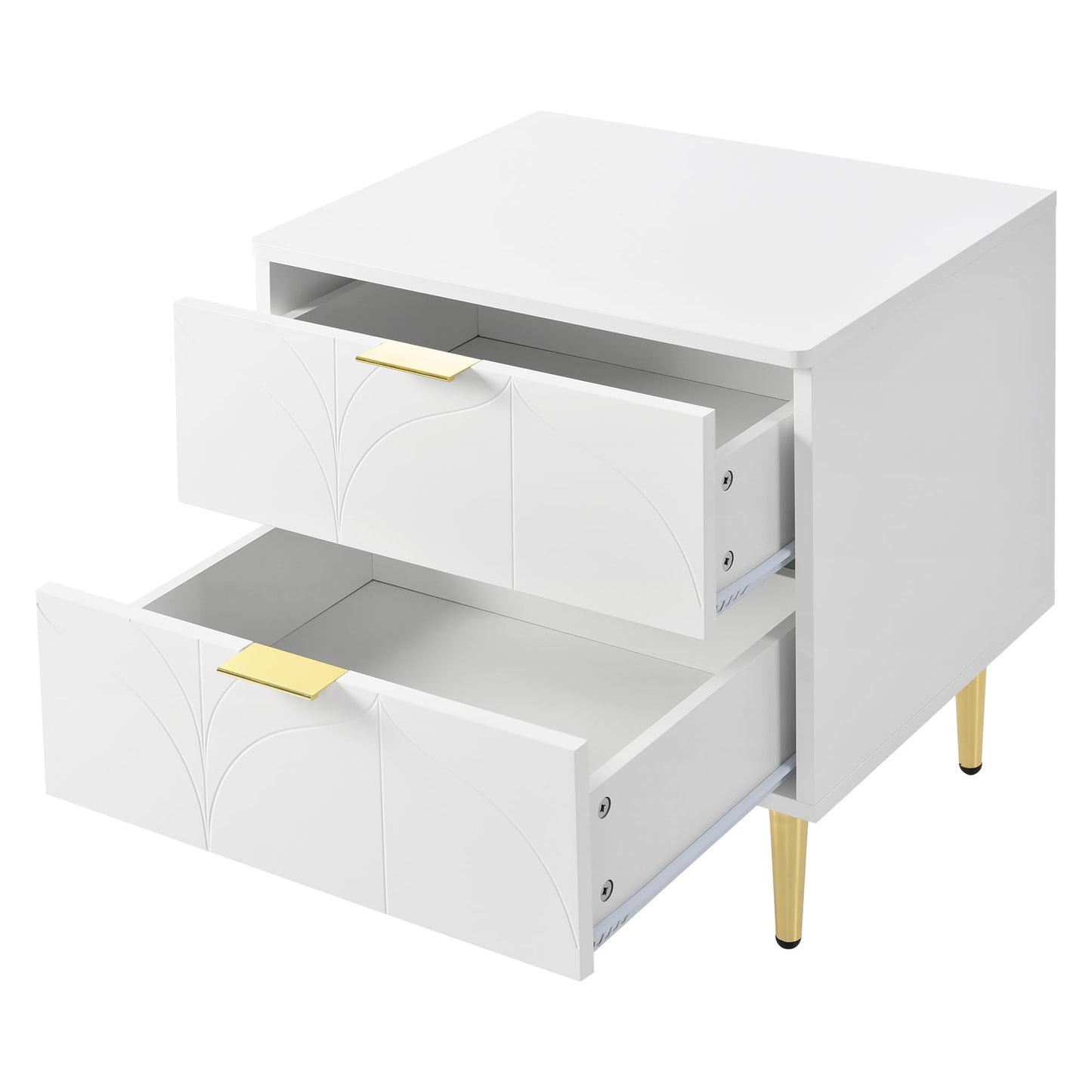 Juego de 2 Mesitas de Noche Modernas con 2 Cajones, Diseño Floral, Patas Doradas, Color Blanco – Goeria