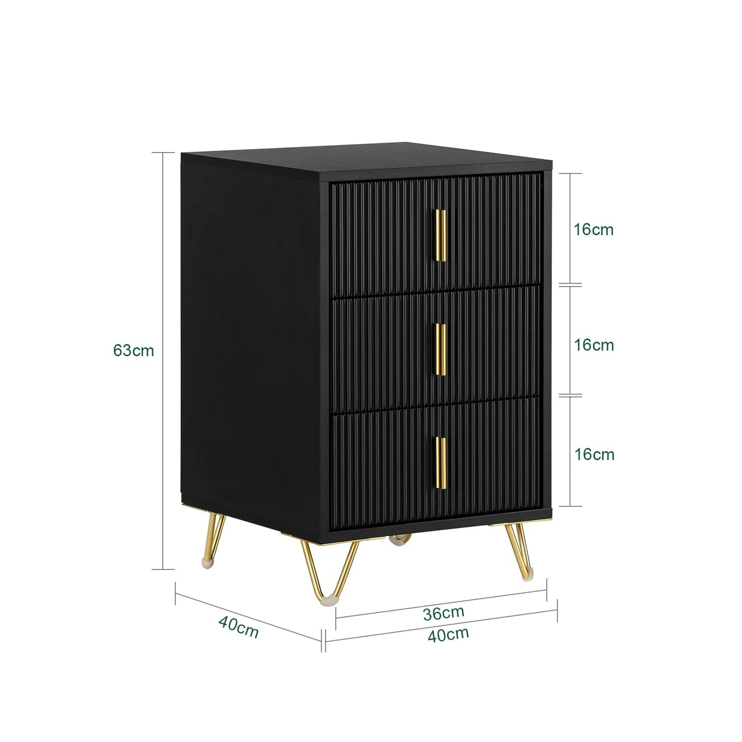 Juego de 2 Mesitas de Noche Negras con 3 Cajones, Patas Doradas, Estilo Moderno – SoBuy FBT115-L-SCHx2