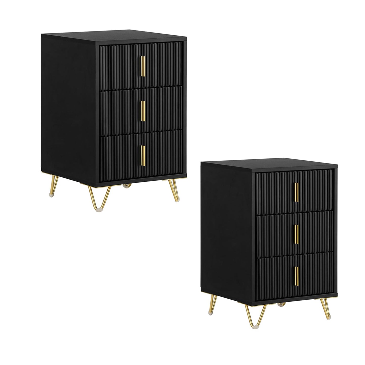 Juego de 2 Mesitas de Noche Negras con 3 Cajones, Patas Doradas, Estilo Moderno – SoBuy FBT115-L-SCHx2