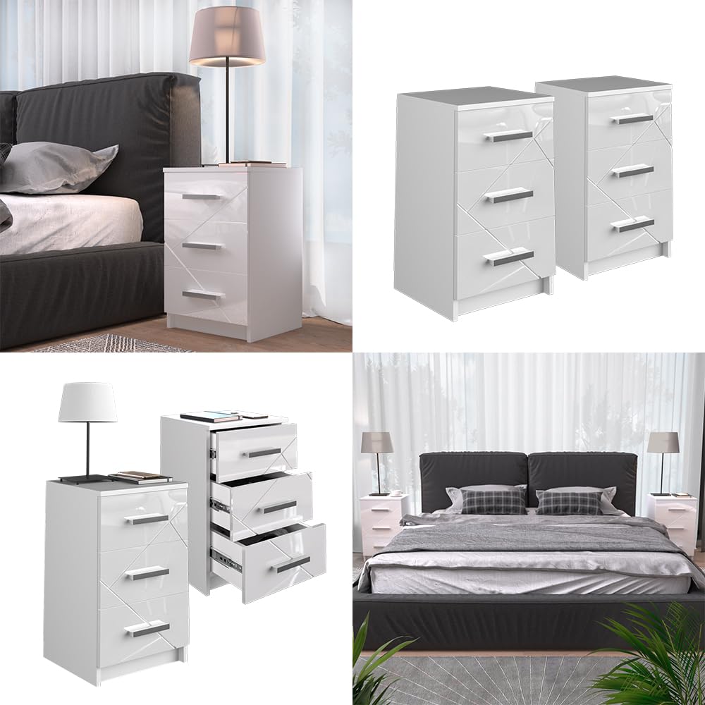 Juego de 2 Mesitas de Noche Vicco Irma – Blanco Alto Brillo – 37,6 x 35,5 x 66 cm