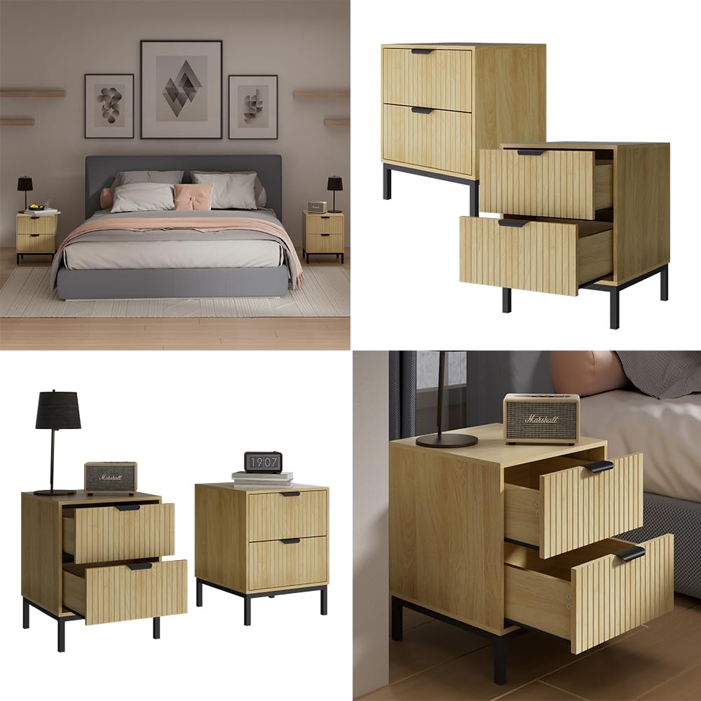 Juego de 2 Mesitas de Noche Vicco Lennox – 40x40x52 cm – Color Roble con Estructura Negra