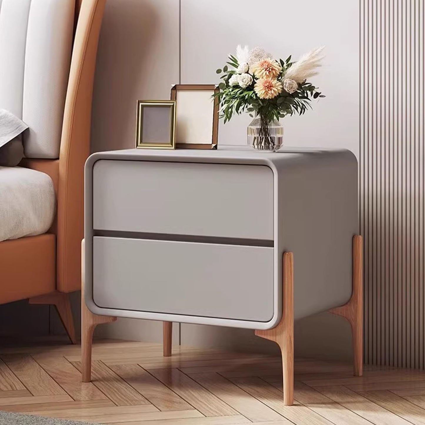 Mesita de Noche Moderna con 2 Cajones y Patas Altas – 25x40x50 cm – Color Gris – Estilo Minimalista – ATAPNLNMTZ