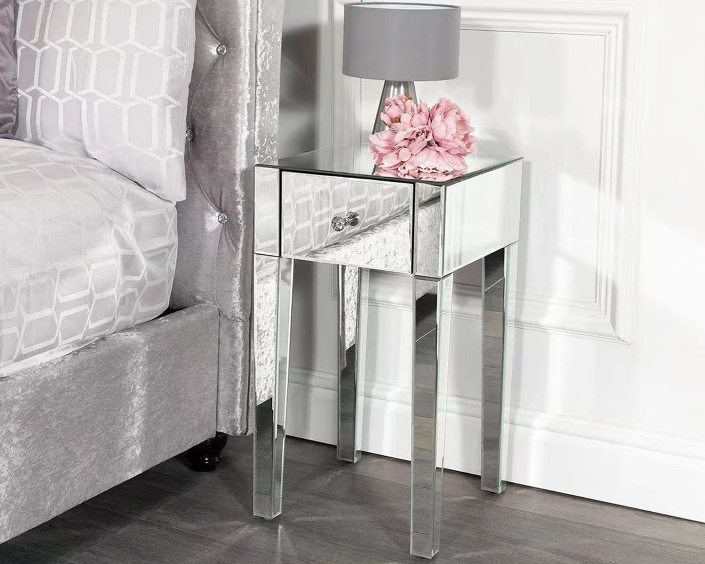Mesilla de Noche con Espejo de Cristal – 1 Cajón – Set de 2 – 40x40x65 cm – Diseño Elegante para Dormitorio o Salón