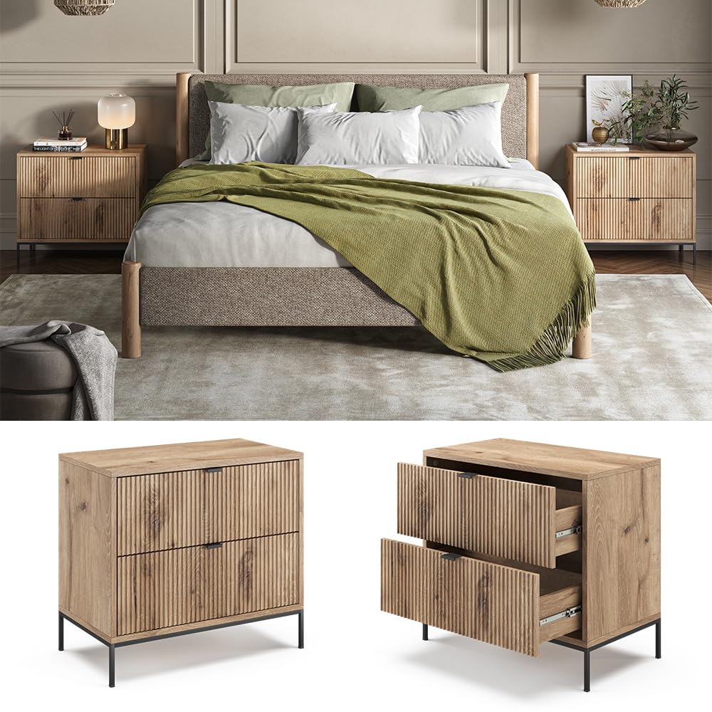Juego de 2 Mesitas de Noche con Cajones, Color Roble Vikingo, Diseño Moderno – Vicco Eliza