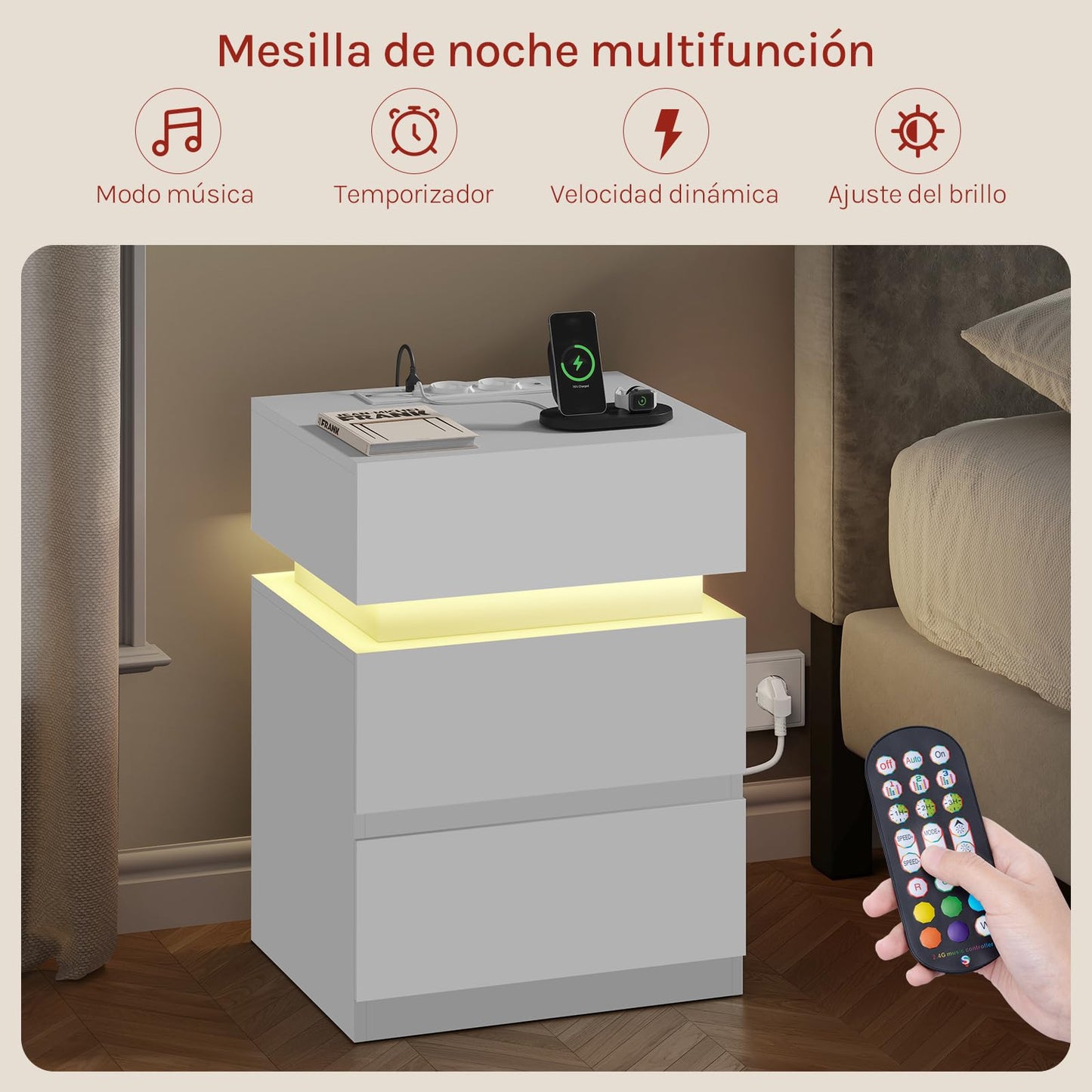 Juego de 2 Mesitas de Noche con LED, Cargador USB y Enchufes, 2 Cajones, Blanco, Estilo Moderno – WOLTU NTS23ws-2