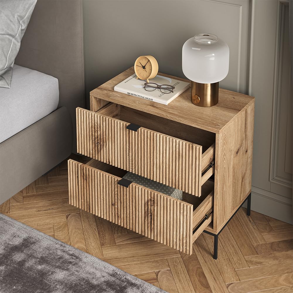Juego de 2 Mesitas de Noche con Cajones, Color Roble Vikingo, Diseño Moderno – Vicco Eliza