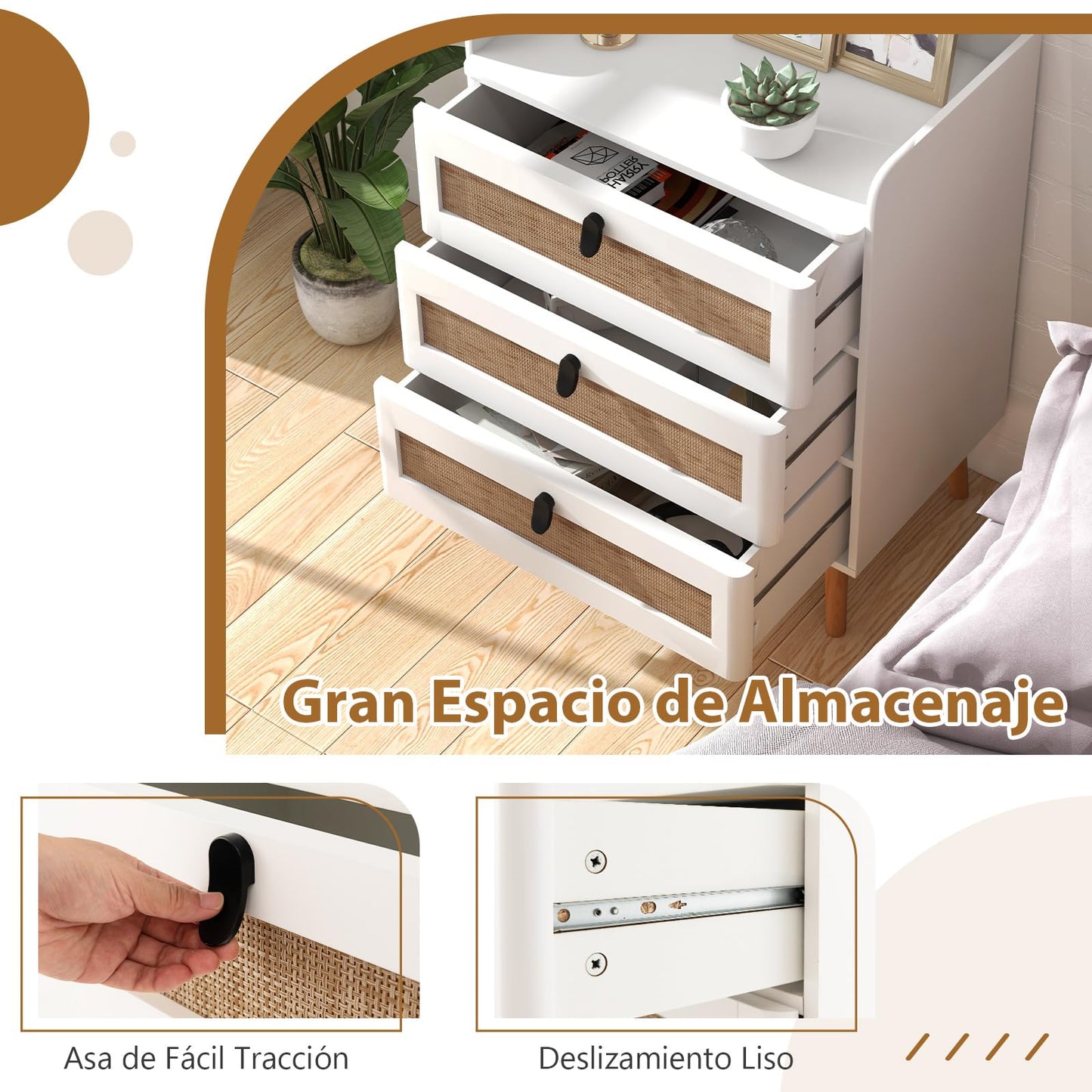 Juego de 2 Mesitas de Noche Blancas con 3 Cajones de Ratán, Patas de Madera, Estilo Bohemio – COSTWAY