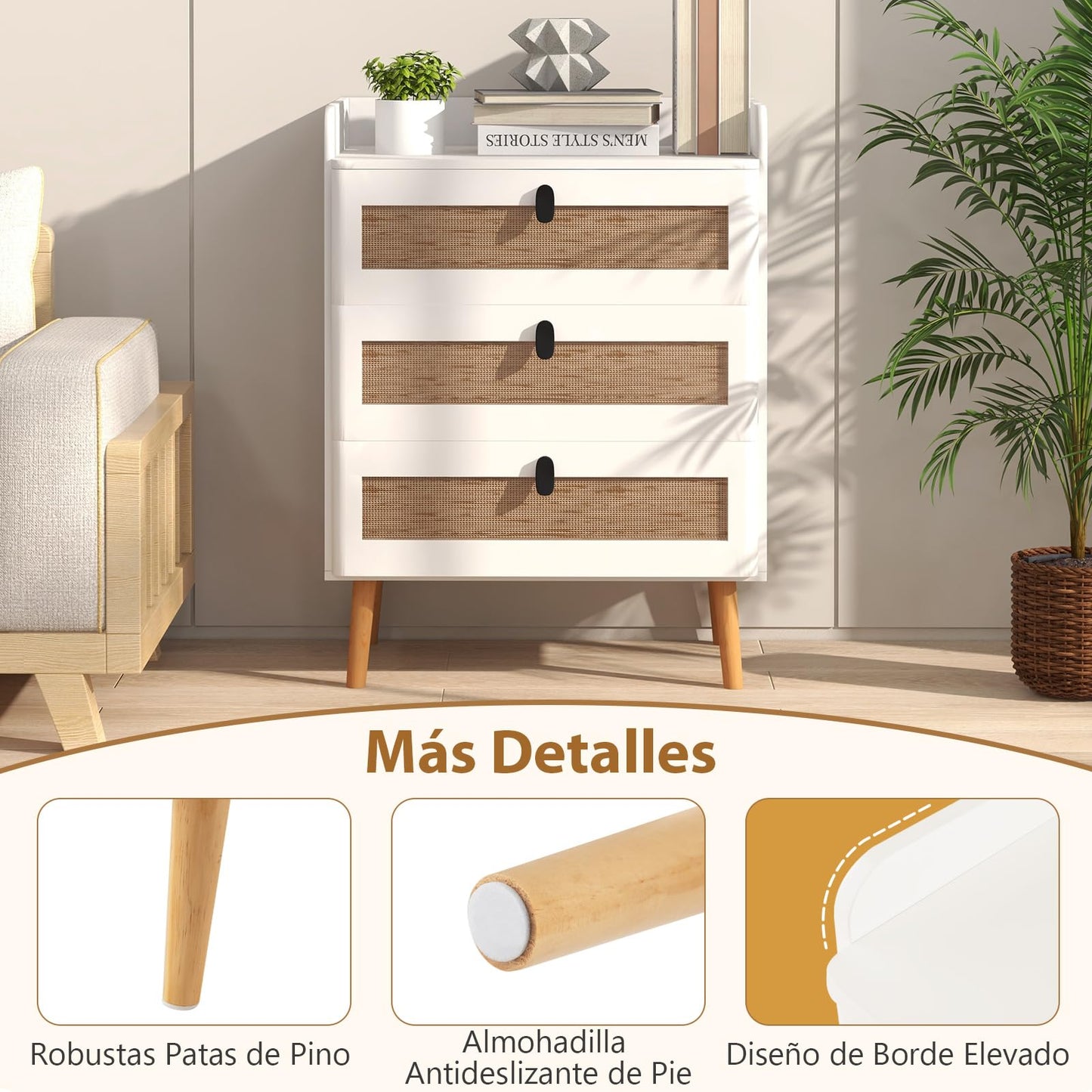 Juego de 2 Mesitas de Noche Blancas con 3 Cajones de Ratán, Patas de Madera, Estilo Bohemio – COSTWAY