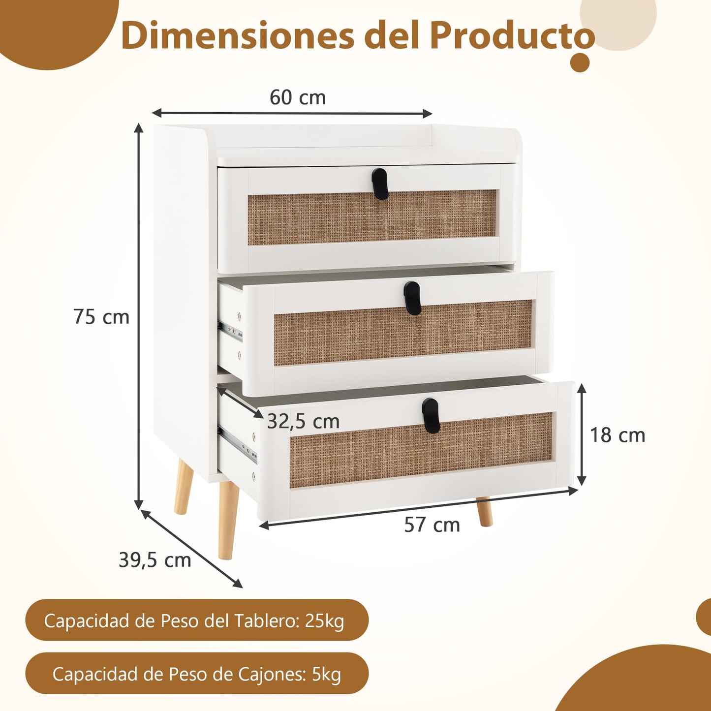 Juego de 2 Mesitas de Noche Blancas con 3 Cajones de Ratán, Patas de Madera, Estilo Bohemio – COSTWAY