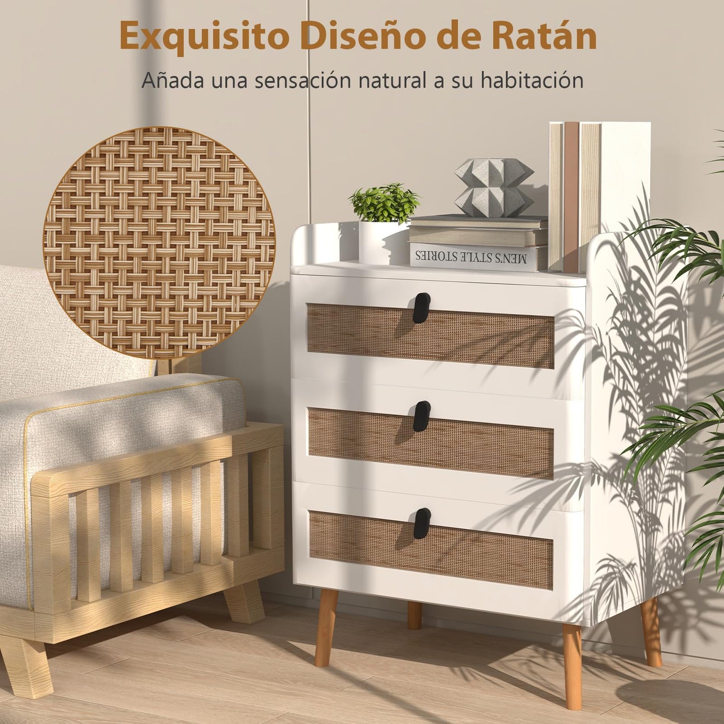 Juego de 2 Mesitas de Noche Blancas con 3 Cajones de Ratán, Patas de Madera, Estilo Bohemio – COSTWAY