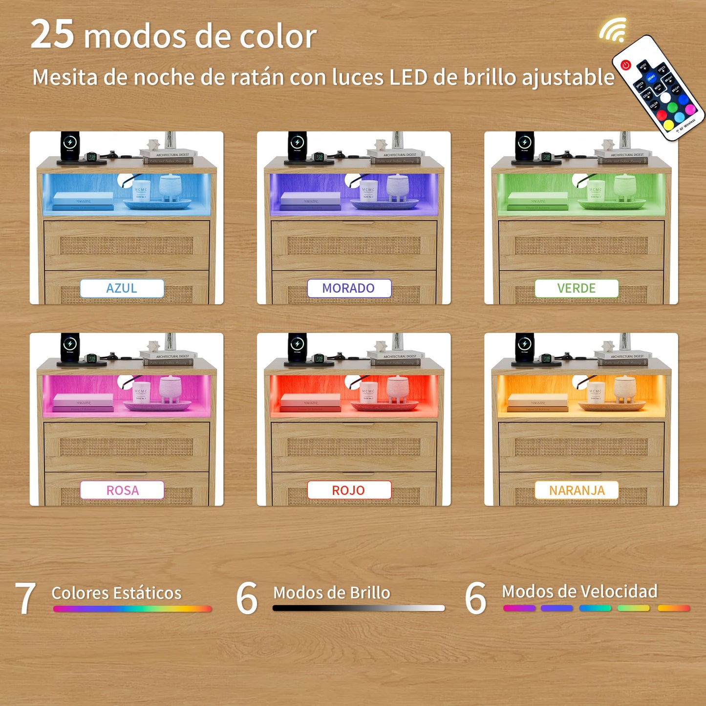 Juego de 2 Mesitas de Noche con LED, Ratán Natural, 2 Cajones, Puertos USB y Enchufes, Estilo Bohemio Moderno