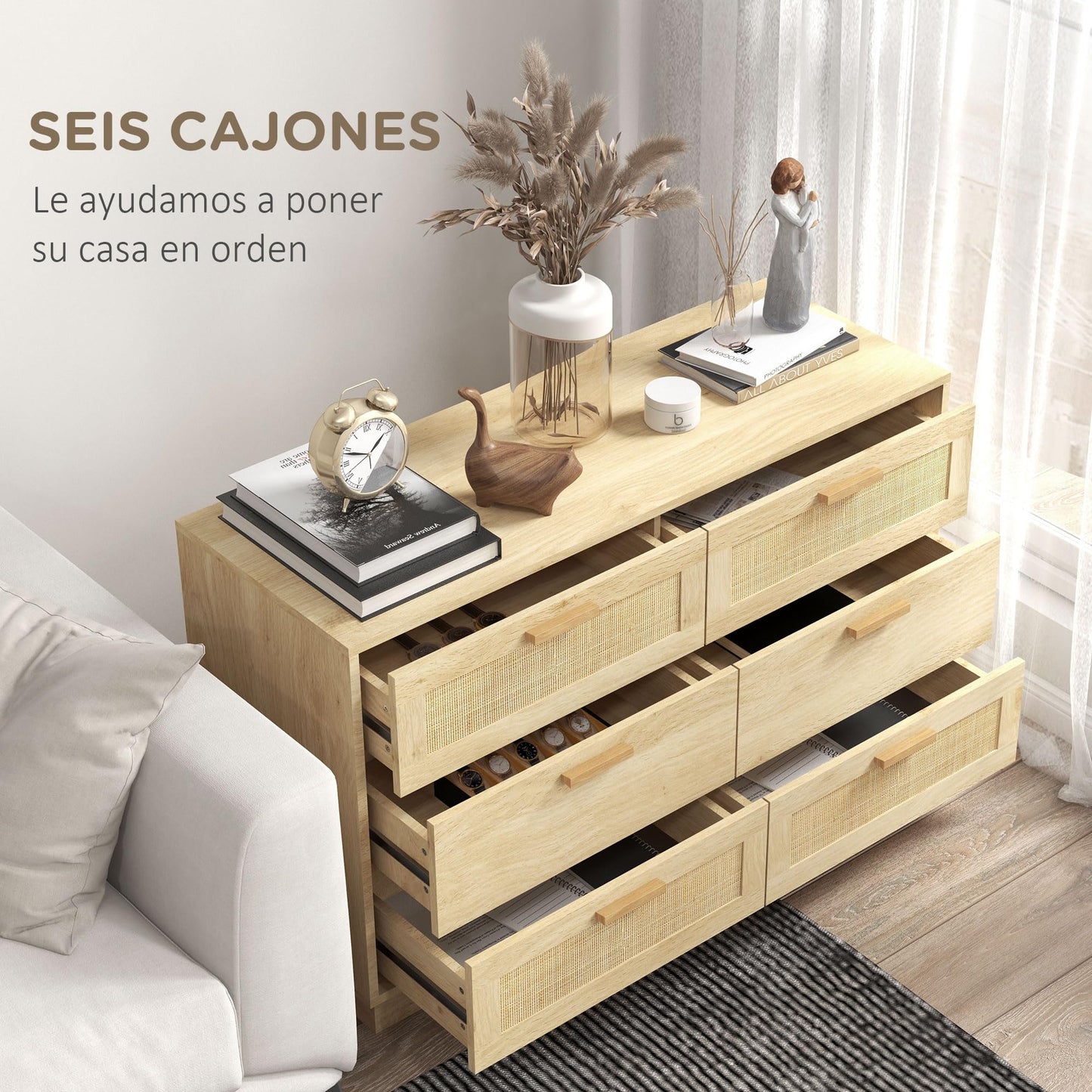 Cómoda de Noche con Cajones de Ratán – Estilo Bohemio – 110x40x69 cm – Color Roble Natural – HOMCOM