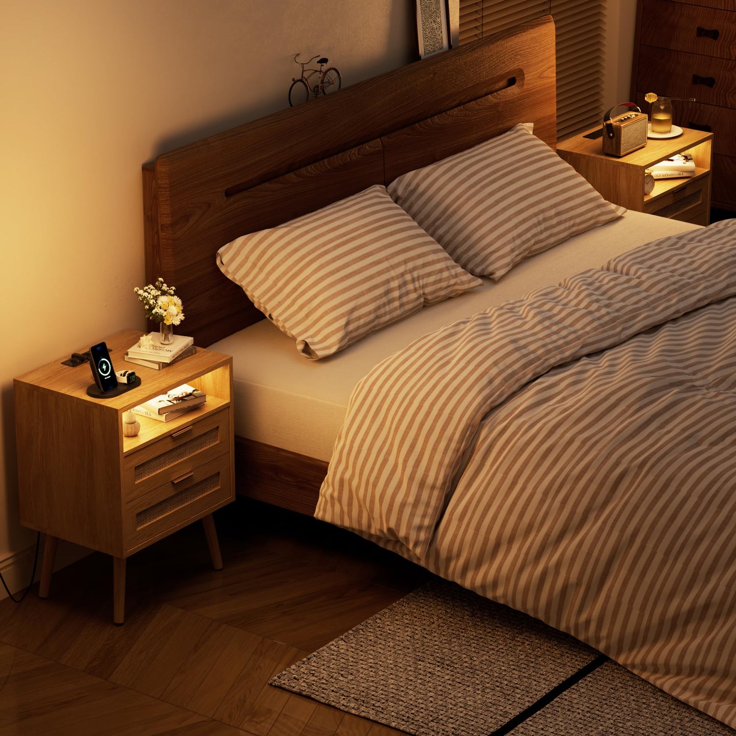Juego de 2 Mesitas de Noche con LED, Ratán Natural, 2 Cajones, Puertos USB y Enchufes, Estilo Bohemio Moderno