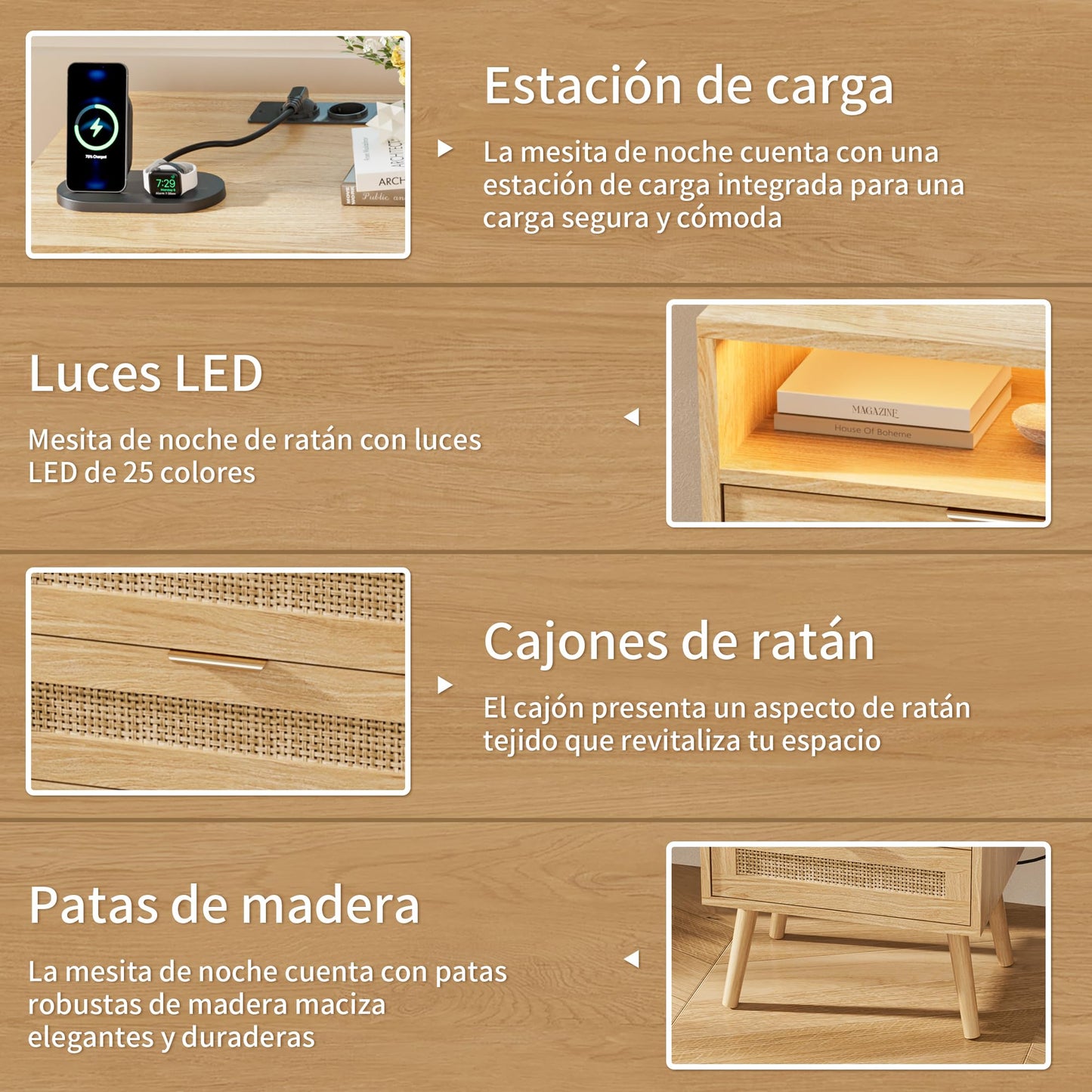 Juego de 2 Mesitas de Noche con LED, Ratán Natural, 2 Cajones, Puertos USB y Enchufes, Estilo Bohemio Moderno