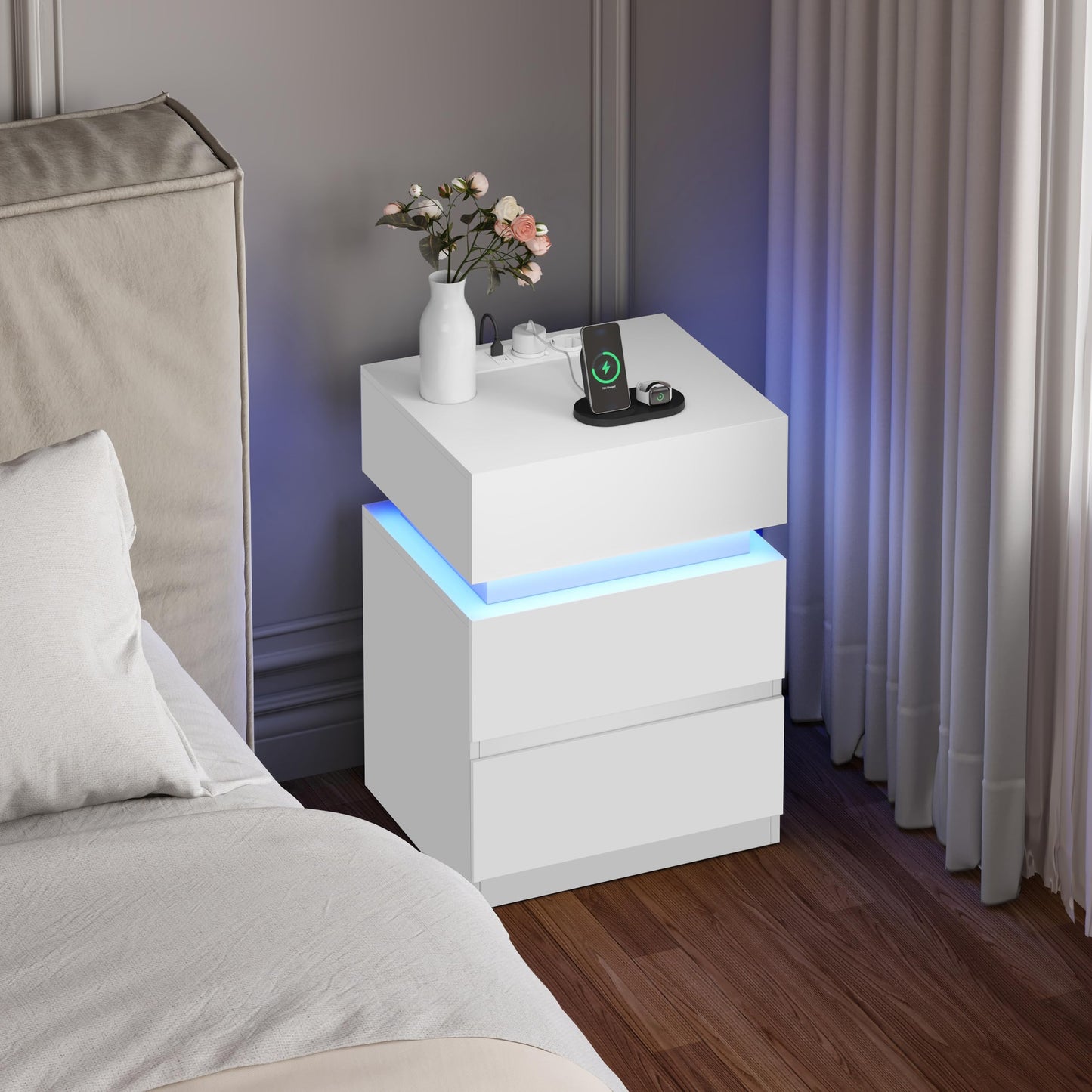 Juego de 2 Mesitas de Noche con LED, Cargador USB y Enchufes, 2 Cajones, Blanco, Estilo Moderno – WOLTU NTS23ws-2