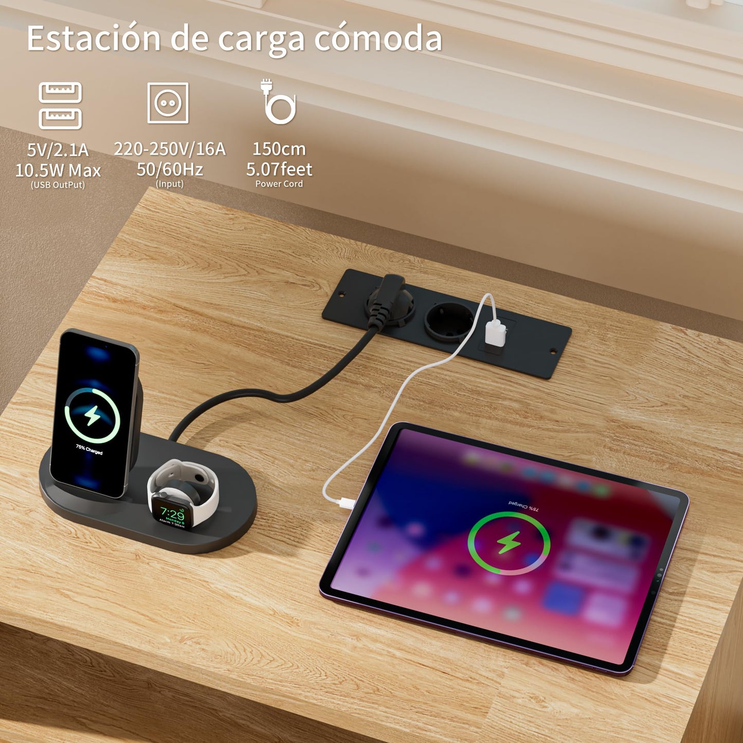 Juego de 2 Mesitas de Noche con LED, Ratán Natural, 2 Cajones, Puertos USB y Enchufes, Estilo Bohemio Moderno