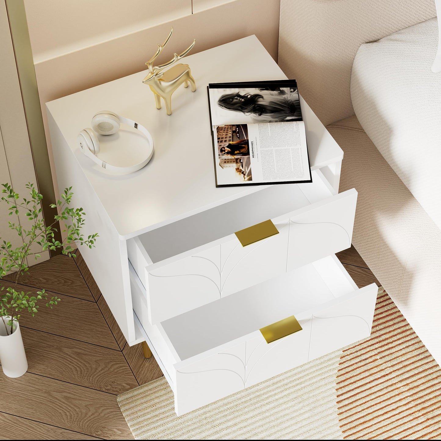 Juego de 2 Mesitas de Noche Modernas con 2 Cajones, Diseño Floral, Patas Doradas, Color Blanco – Goeria