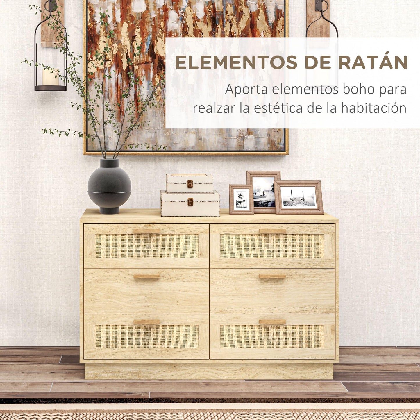 Cómoda de Noche con Cajones de Ratán – Estilo Bohemio – 110x40x69 cm – Color Roble Natural – HOMCOM