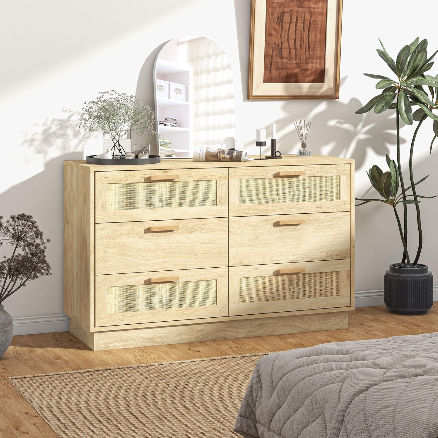 Cómoda de Noche con Cajones de Ratán – Estilo Bohemio – 110x40x69 cm – Color Roble Natural – HOMCOM