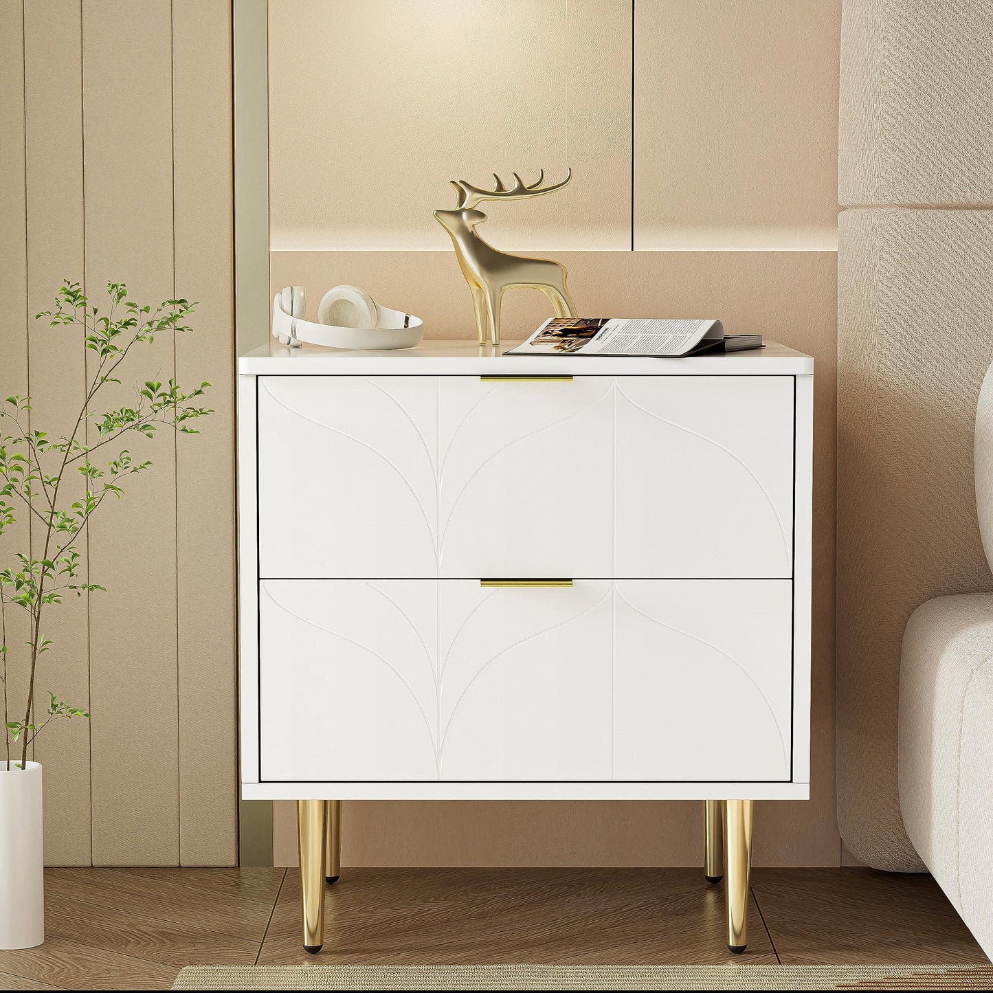 Juego de 2 Mesitas de Noche Modernas con 2 Cajones, Diseño Floral, Patas Doradas, Color Blanco – Goeria