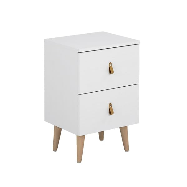 Mesita de Noche Blanca con 2 Cajones, Diseño Minimalista, Tiradores de Piel Sintética, 61,6 cm de Alto