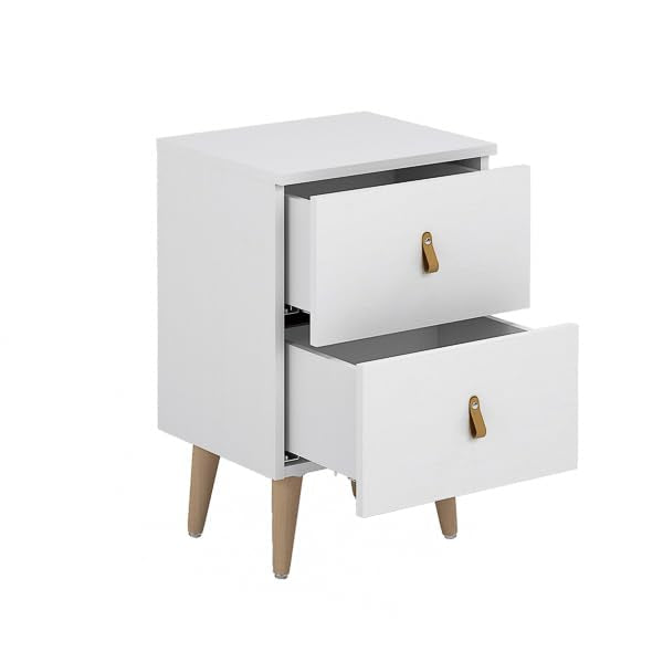 Mesita de Noche Blanca con 2 Cajones, Diseño Minimalista, Tiradores de Piel Sintética, 61,6 cm de Alto
