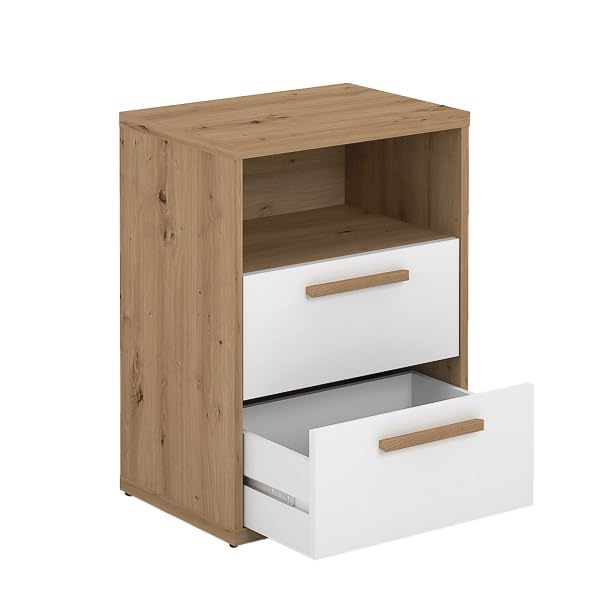 Mesita de Noche Meyvaser con 2 Cajones y 1 Estante – Color Blanco y Roble – 48x33,6x64 cm