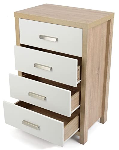 Conjunto Dormitorio Meyvaser: Cómoda 4 Cajones + 2 Mesitas de Noche – Color Cambria y Blanco