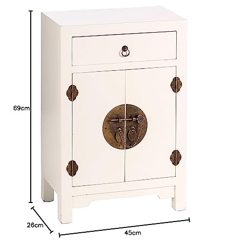 Mesilla de Noche Estilo Oriental con 1 Cajón y 2 Puertas – Madera MDF Lacada en Blanco – 45x26x69 cm – LOLAhome