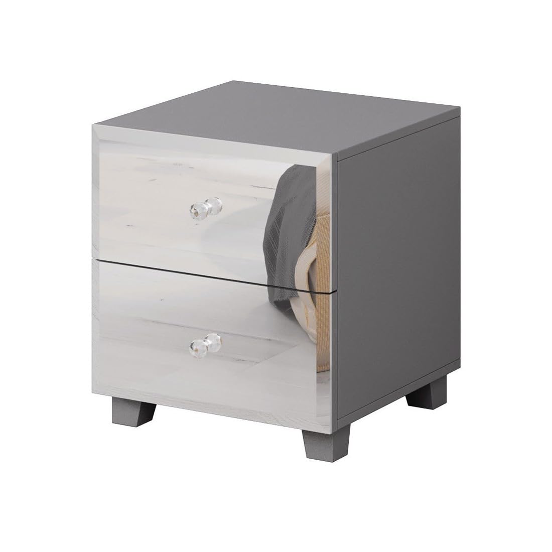 Mesa de Noche con 2 Cajones y Frentes de Espejo – 45x51x45 cm – Color Gris – Diseño Moderno y Elegante