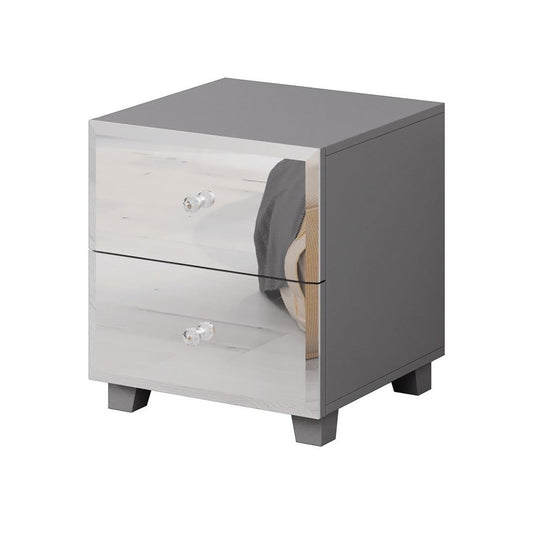 Mesa de Noche con 2 Cajones y Frentes de Espejo – 45x51x45 cm – Color Gris – Diseño Moderno y Elegante