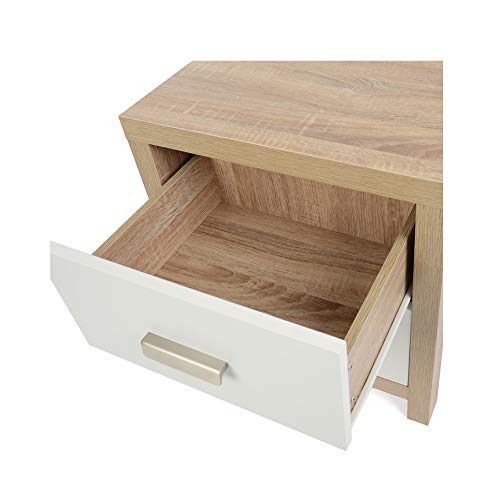 Conjunto Dormitorio Meyvaser: Cómoda 4 Cajones + 2 Mesitas de Noche – Color Cambria y Blanco