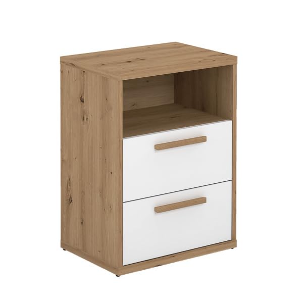 Mesita de Noche Meyvaser con 2 Cajones y 1 Estante – Color Blanco y Roble – 48x33,6x64 cm