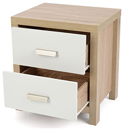 Conjunto Dormitorio Meyvaser: Cómoda 4 Cajones + 2 Mesitas de Noche – Color Cambria y Blanco