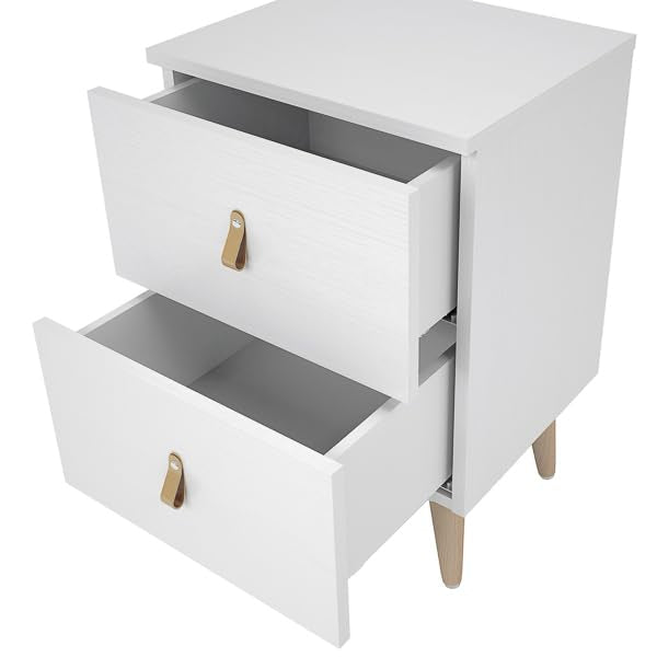 Mesita de Noche Blanca con 2 Cajones, Diseño Minimalista, Tiradores de Piel Sintética, 61,6 cm de Alto