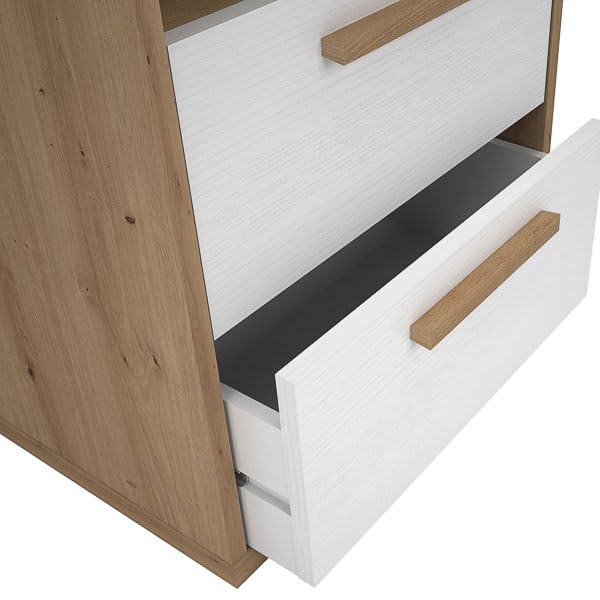 Mesita de Noche Meyvaser con 2 Cajones y 1 Estante – Color Blanco y Roble – 48x33,6x64 cm