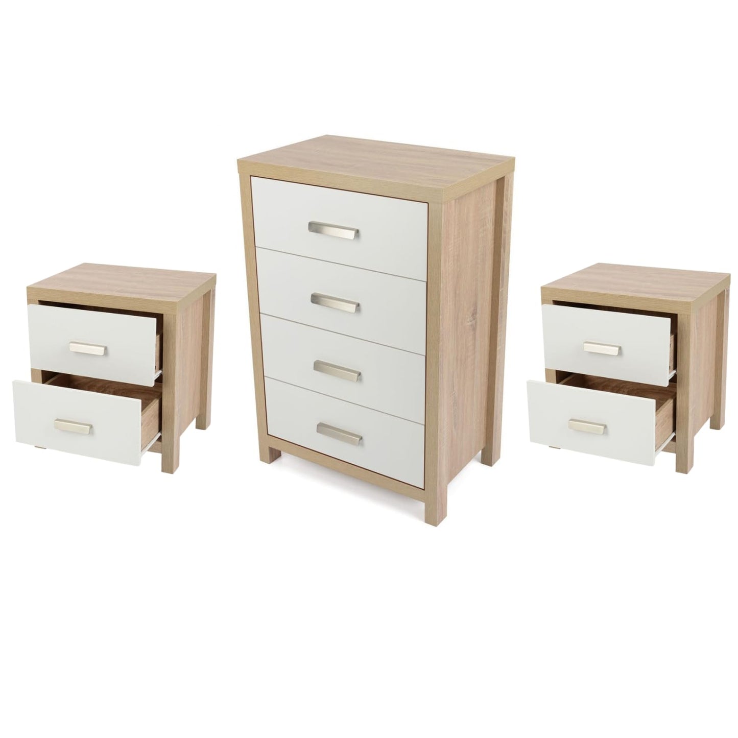 Conjunto Dormitorio Meyvaser: Cómoda 4 Cajones + 2 Mesitas de Noche – Color Cambria y Blanco
