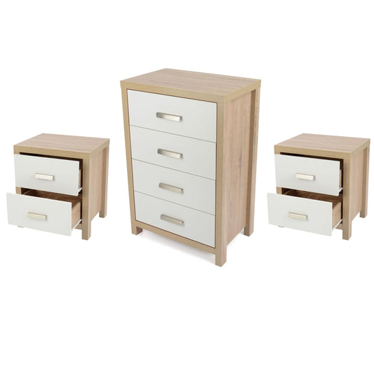 Conjunto Dormitorio Meyvaser: Cómoda 4 Cajones + 2 Mesitas de Noche – Color Cambria y Blanco