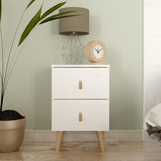 Mesita de Noche Blanca con 2 Cajones, Diseño Minimalista, Tiradores de Piel Sintética, 61,6 cm de Alto