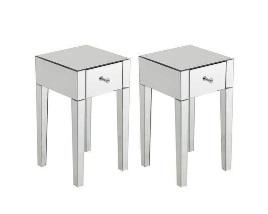 Mesilla de Noche con Espejo de Cristal – 1 Cajón – Set de 2 – 40x40x65 cm – Diseño Elegante para Dormitorio o Salón