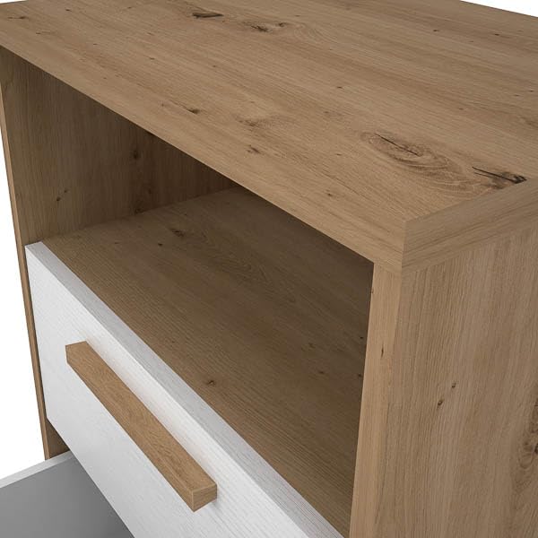 Mesita de Noche Meyvaser con 2 Cajones y 1 Estante – Color Blanco y Roble – 48x33,6x64 cm